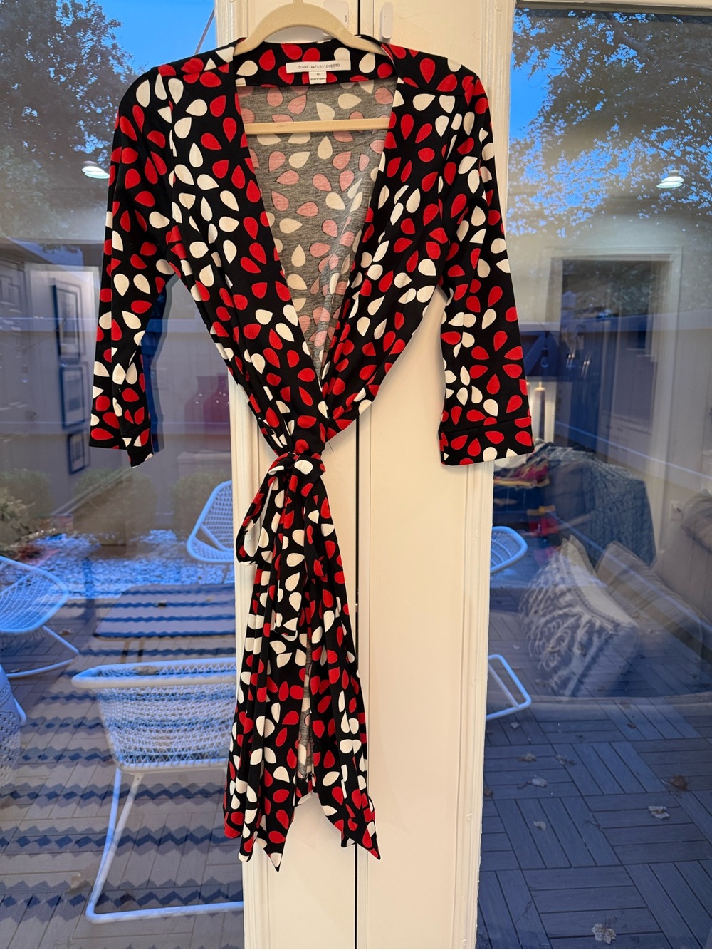 Diane Von Furstenberg Black Dress with Red and White Petal Print, 10